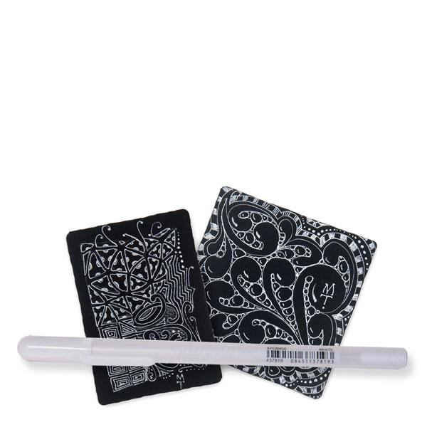 Sakura Zentangle Tool Set - 2 Gelly Roll White Pens, 1 Micron 08 Black Pen,  1 White Charcoal Pencil, 1 Tortillion, 5 3.5 Black Tiles - Black
